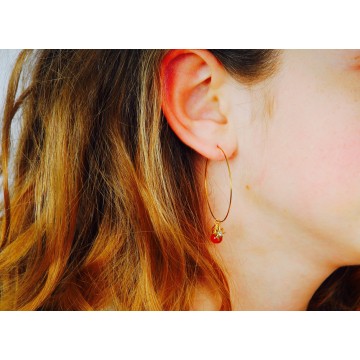 Boucles d'oreilles acier doré, Cornaline rouge