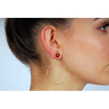 Boucles d'oreilles acier doré, Agate rouge