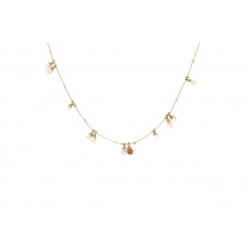 Collier acier doré, Nude, Pierre de soleil, corail