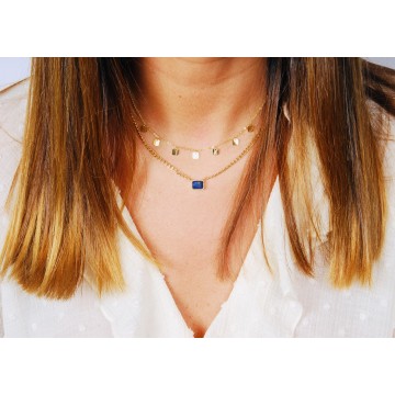 Collier acier doré, Lapis...