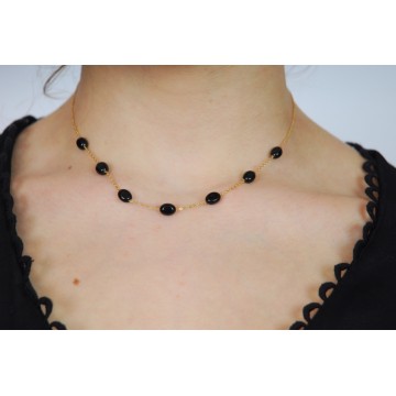 Collier acier doré, Onyx noir