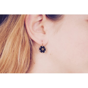 Boucles d'oreilles acier doré, Onyx noir et Zirconium