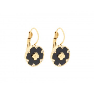 Boucles d'oreilles acier doré, Onyx noir et Zirconium