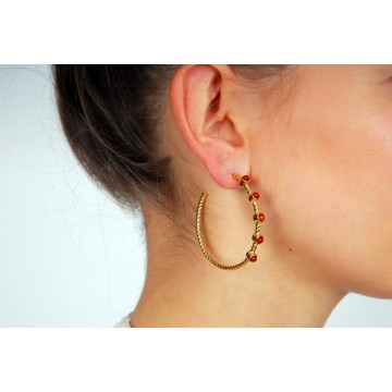 Boucles d'oreilles acier doré, Cornaline rouge