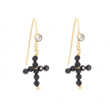 Boucles d'oreilles acier doré, Spinelle noire