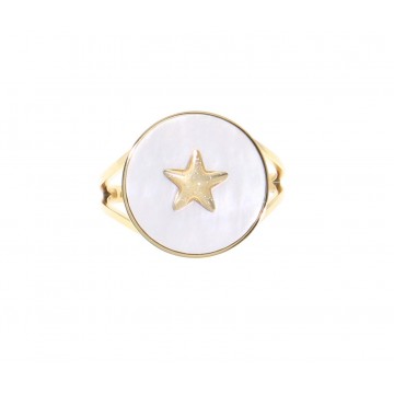 Bague acier doré, Nacre et Zirconium