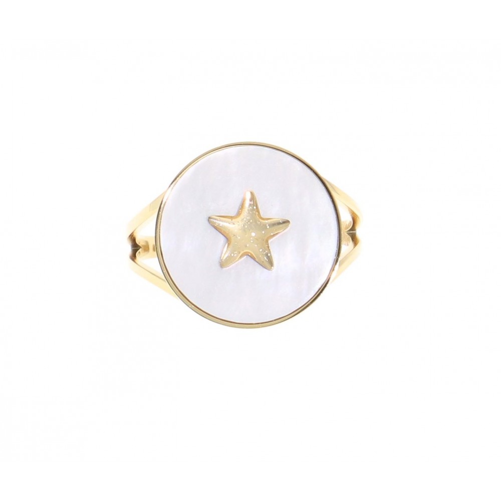 Bague acier doré, Nacre et Zirconium Bague acier doré, Nacre et Zirconium