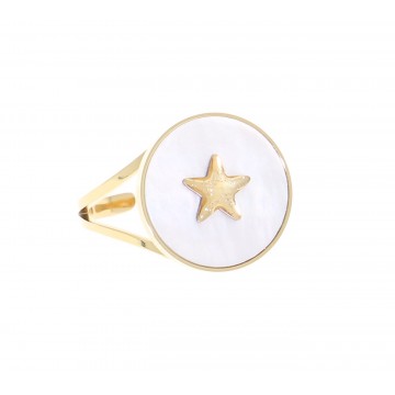 Bague acier doré, Nacre et Zirconium